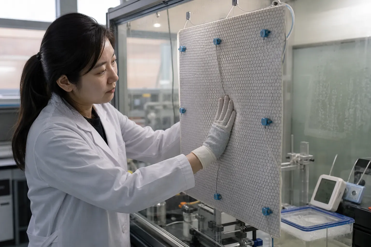 KAIST 실증 책임자 윤서진 박사가 촉각 장갑을 낀 손가락으로 물 하이드로겔과 BNNT를 층상 인쇄한 차폐 패널 표면을 눌러 변형을 확인하는 장면. 투명 격리창 너머에는 센서가 부착된 시험편과 수분 측정 장비가 놓여 있고 패널 표면의 미세 격자와 푸른 표시등이 선명하게 보인다.