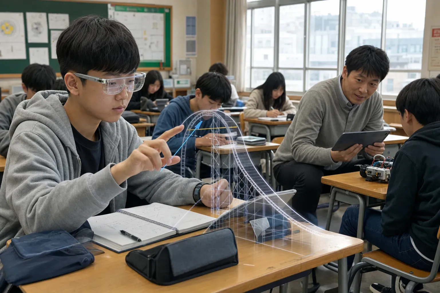 학생 강지우가 삼차함수 문제를 풀다 어려움을 겪는 순간 AI 튜터가 AR 공간에 롤러코스터 레일의 경사와 접선 벡터를 보여주고 옆자리에서는 교사 박선우가 다른 학생 민호와 눈을 맞추며 로봇 동아리 경험을 떠올리게 돕는 도담늘봄중학교 교실의 자연스러운 장면