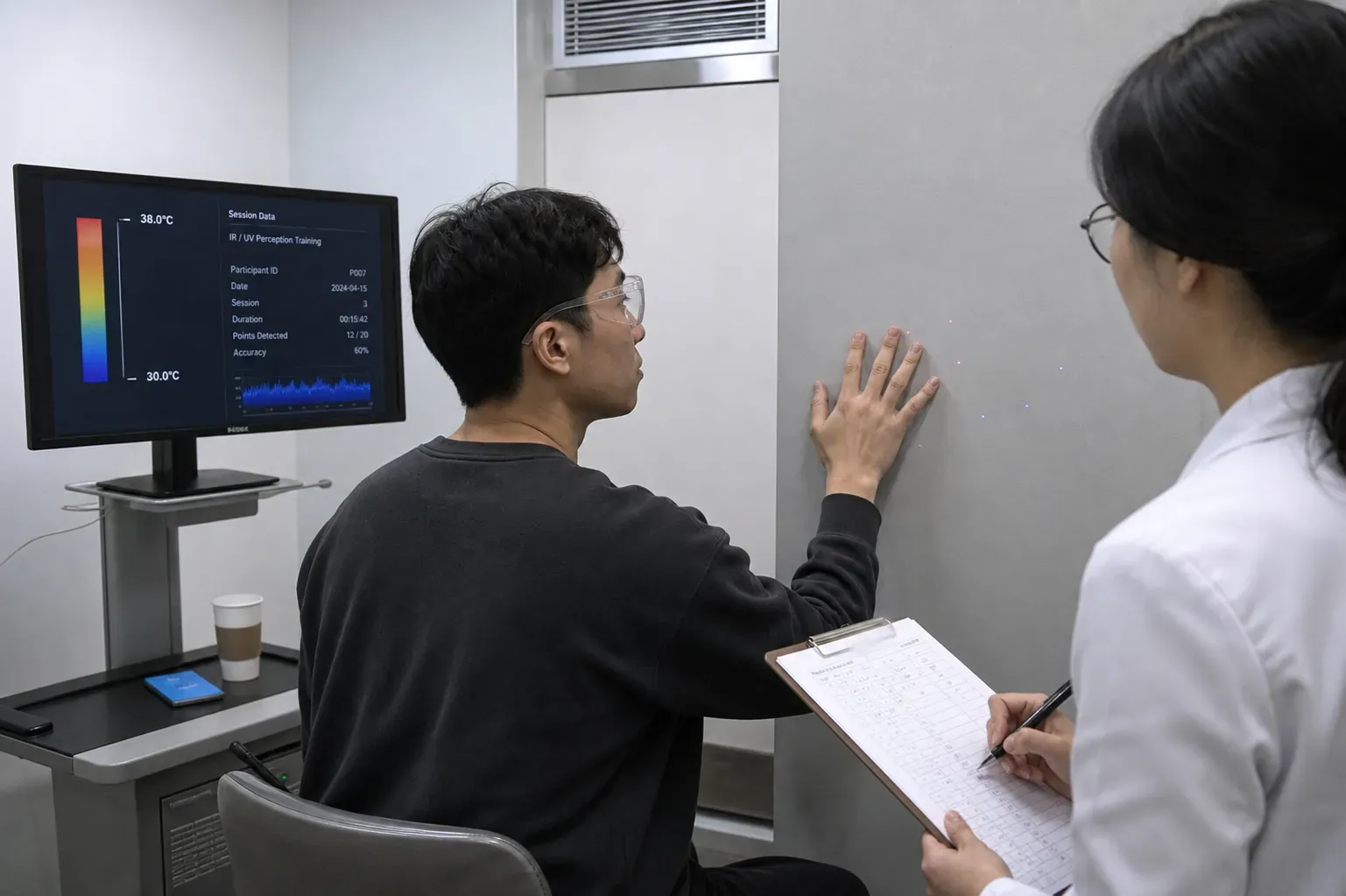 임상 훈련 참가자 이도현 씨가 불이 꺼진 병원 훈련실에서 손등과 벽면 표적을 번갈아 바라보는 동안 연구원이 그의 반응과 온도 대비 구분 성공 여부를 기록하는 모습