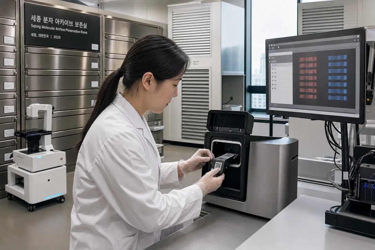 국가분자아카이브센터 보존실에서 운용책임자가 QR 주소가 붙은 검은색 DNA 카트리지를 미세유체 검출기에 삽입하고 있다. 옆 모니터에는 선택된 파일군의 분자 바코드가 표시되고 뒤쪽에는 습도 조절 공조장치와 금속 보관 서랍이 놓여 있으며 서버 팬이 없는 조용한 장기 기록 보관 환경이 사실적으로 담겨 있다.