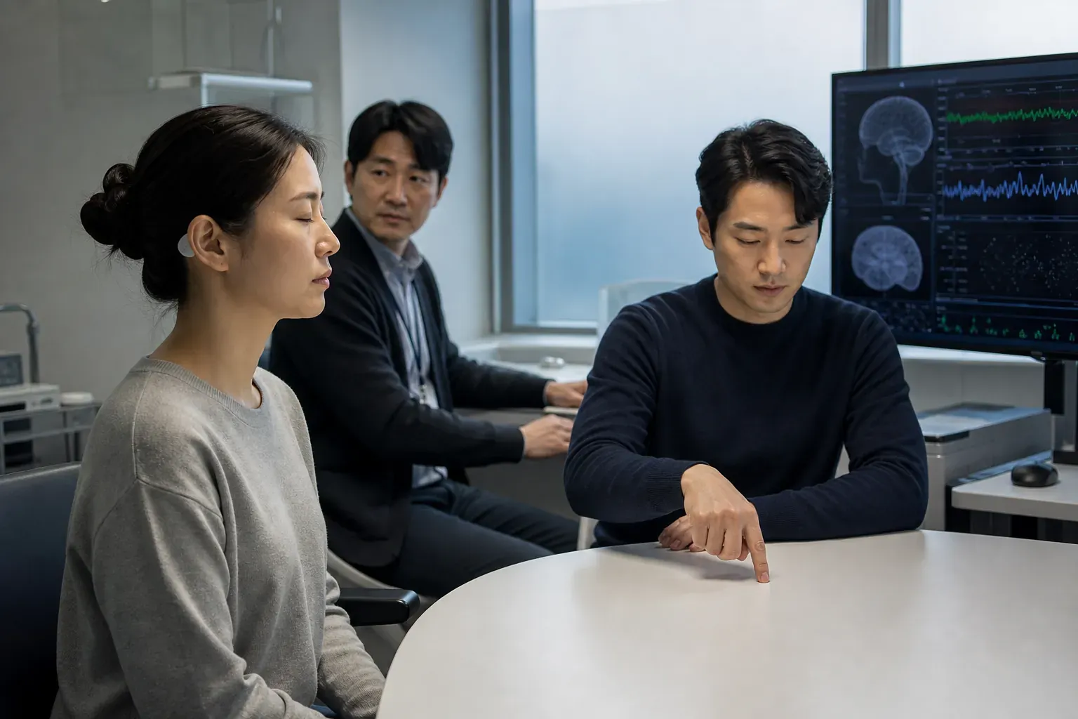 신경언어공학 연구원이 실험 중인 서윤의 상태를 확인하는 동안 서윤은 눈을 감고 재난 대응 개념을 떠올리고 있으며 맞은편 민재는 화면을 보지 않은 채 오른손 검지를 테이블 위에서 두 번 움직이고 있다. 두 참가자의 피부 위 릴레이 패치와 실시간 지연 시간 및 개념 일치율을 표시하는 모니터가 함께 보인다.