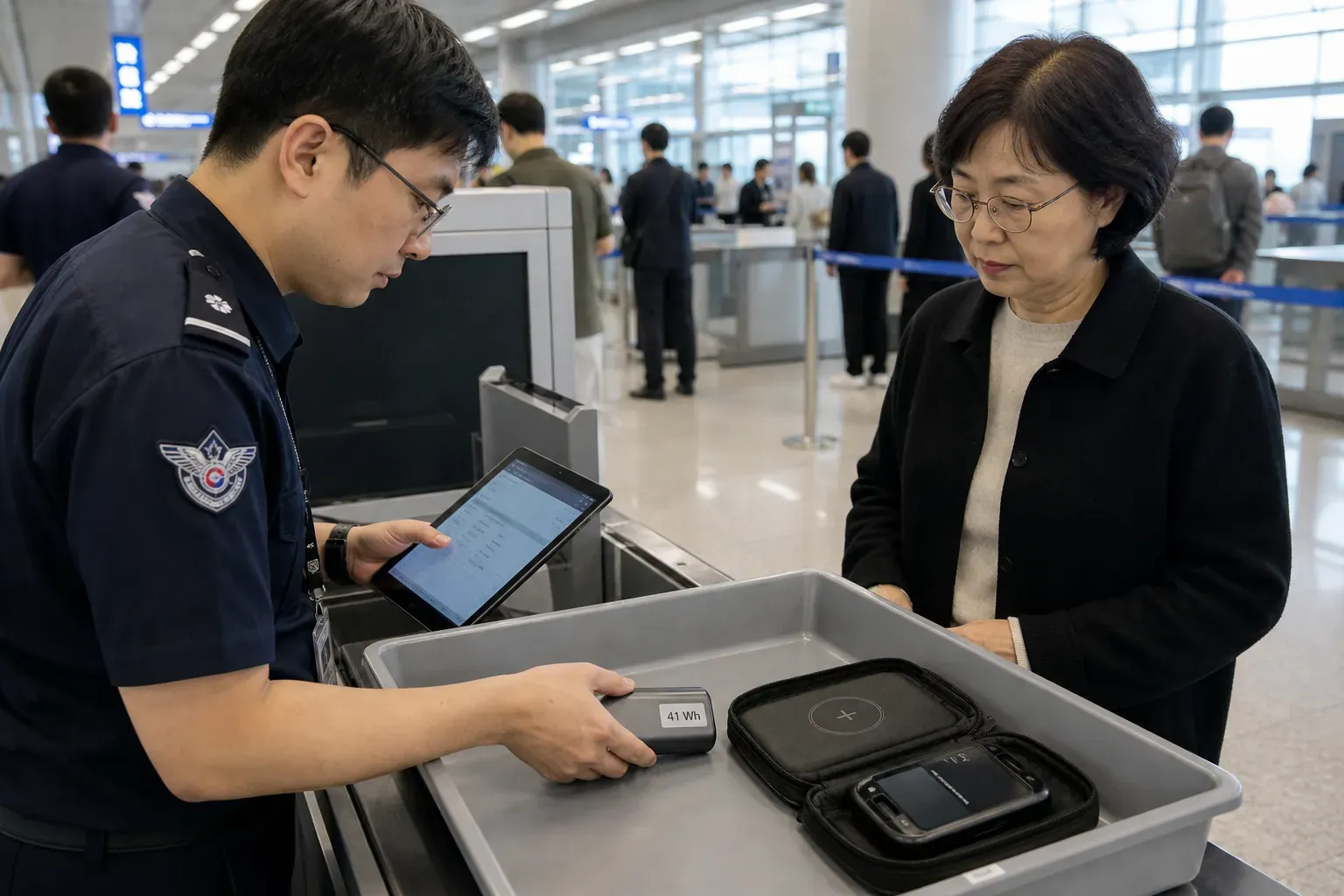 인천국제공항 보안 검색대에서 보안요원이 회색 트레이에 놓인 41Wh 의료용 전원 모듈의 표기와 항공사 승인 기록을 태블릿으로 확인하고 옆에서 환자가 검은 파우치를 열어 보여주는 실제적인 장면
