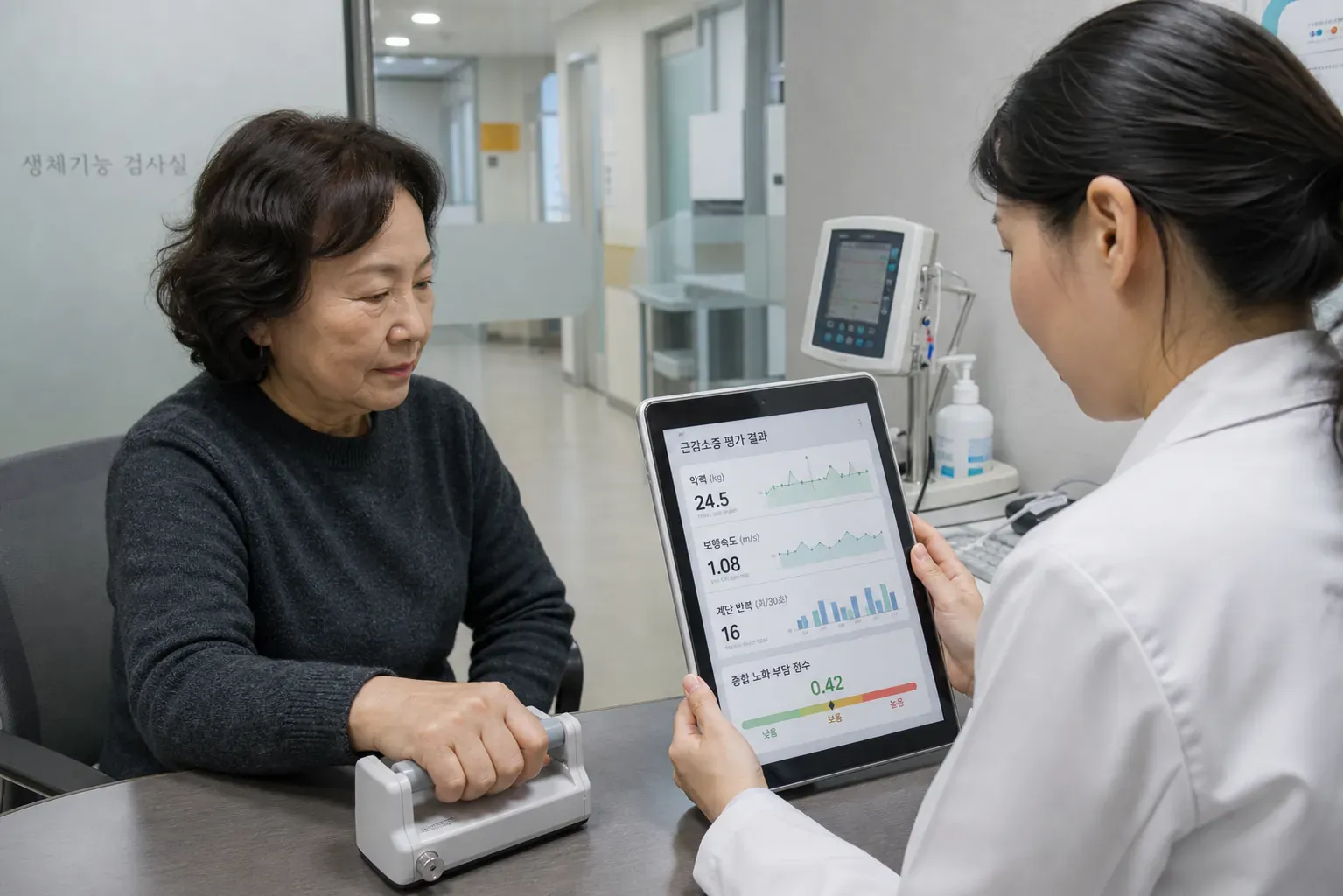 서울 임상전환센터의 검사실에서 67세 한국인 여성이 손목형 근력 센서에 손을 올린 채 보행 속도와 계단 오르기 결과가 표시된 태블릿 화면을 의료진과 함께 확인하고 있다.