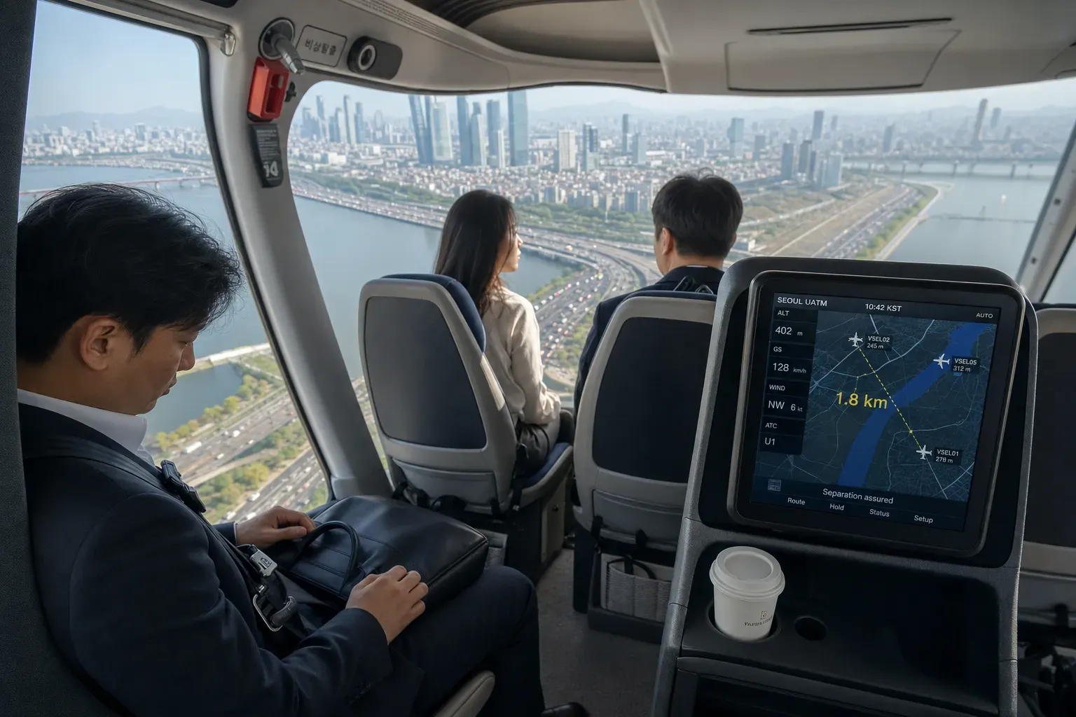 한강 상공 400m를 비행하는 eVTOL 기내에서 창가 승객이 정체된 올림픽대로와 여의도 빌딩을 내려다보고 앞좌석 디스플레이에는 주변 기체 3대의 위치와 1.8km 안전 간격이 표시된 UATM 항로 화면이 보이는 모습