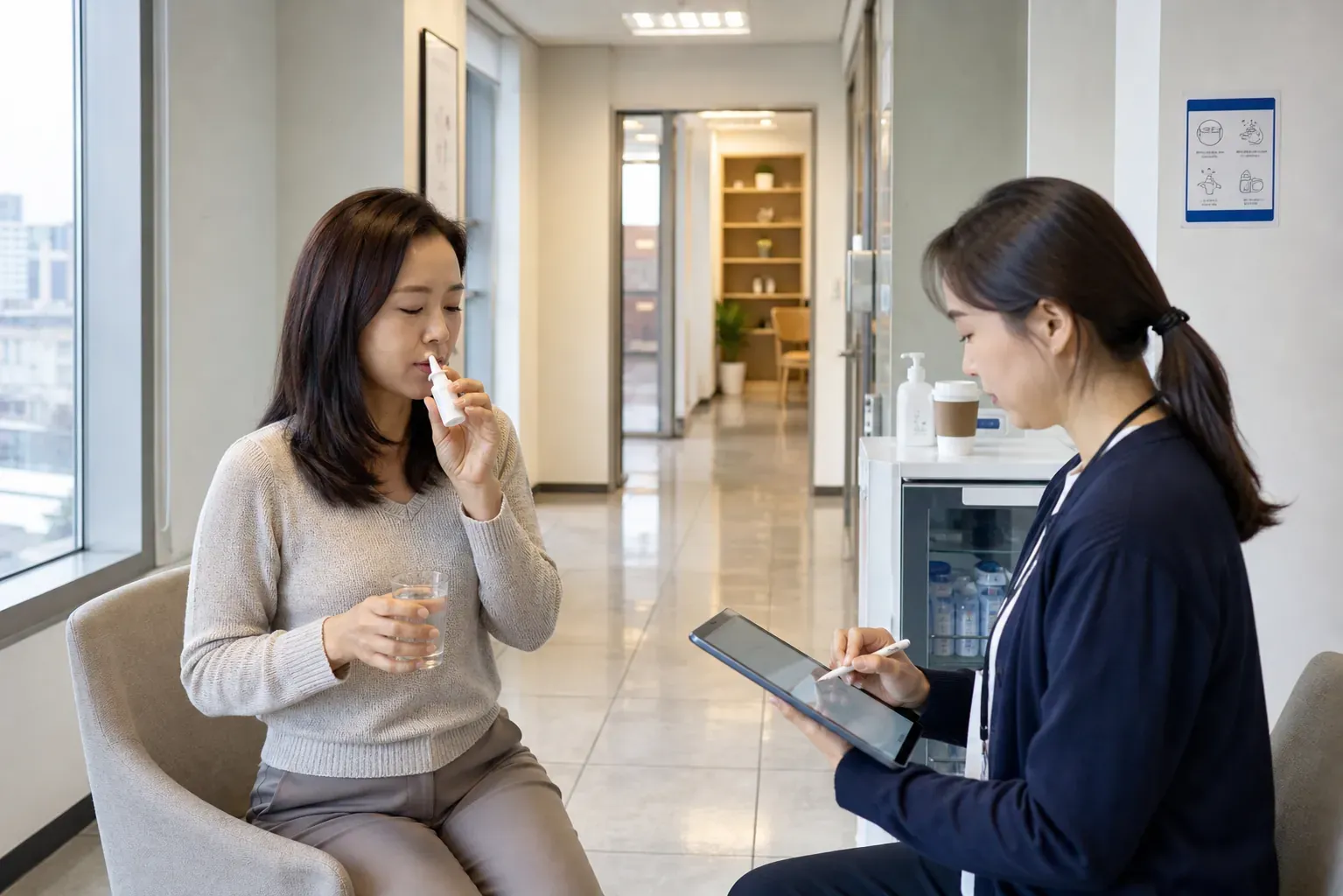 서울 마포구 언어 바이오학습센터의 복도에서 김서윤이 비강 분무기를 사용한 직후 물을 마시고 있으며 직원이 태블릿에 투여 시각을 기록하는 현실적인 장면