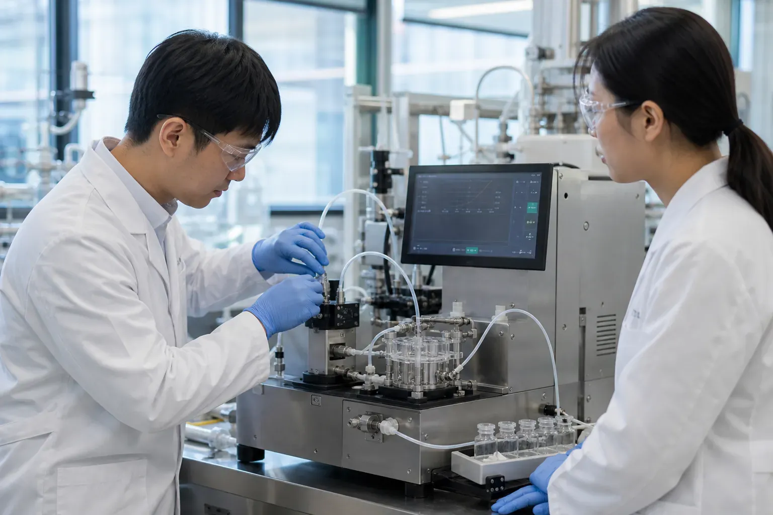 맞춤형 mRNA 서열을 미세유체 합성기와 지질나노입자 캡슐화 장비로 제조하는 연구실에서 엔지니어가 인라인 품질 분석 모니터를 확인하는 장면