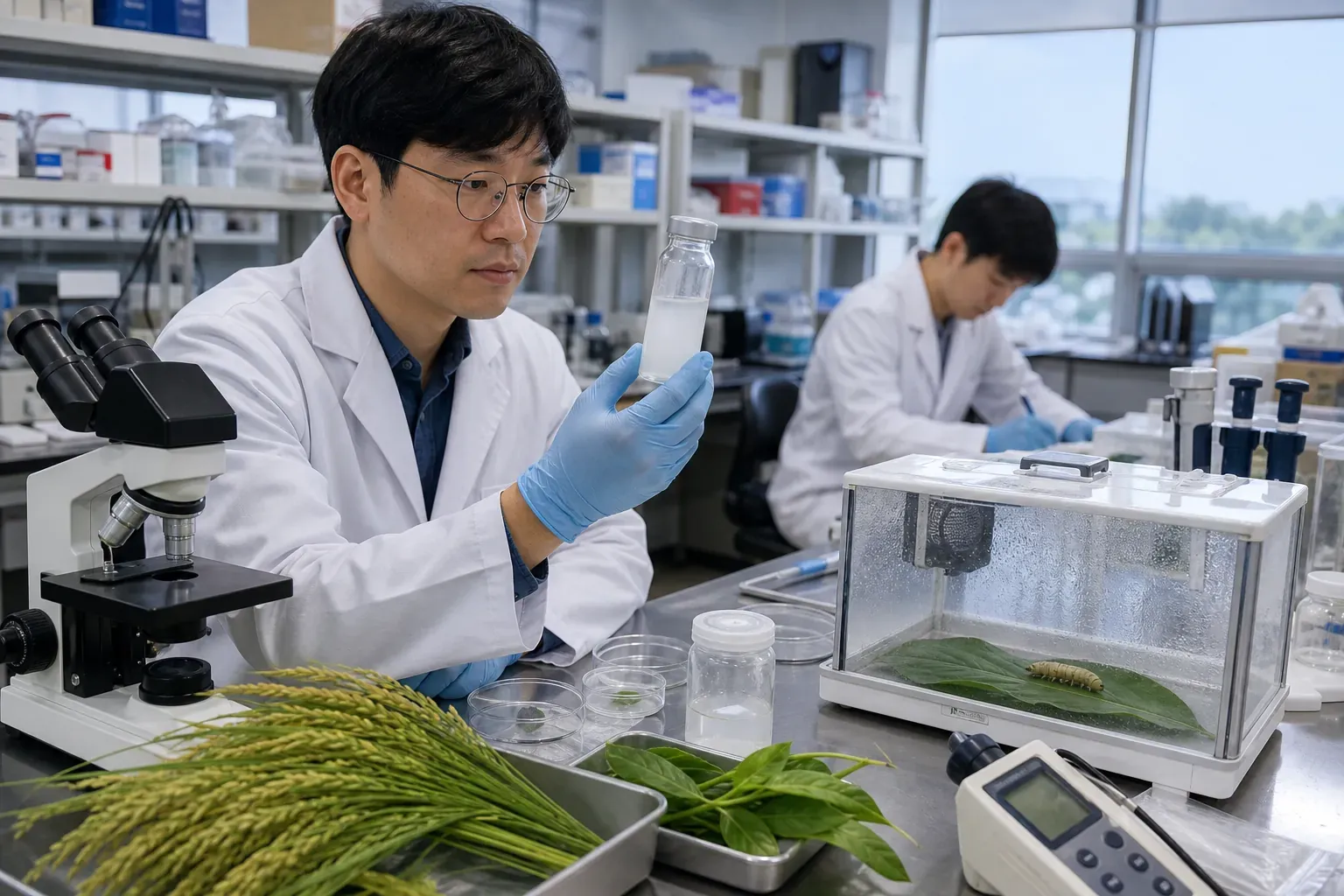 농업기술센터의 청결한 연구실에서 연구원이 투명한 유리 용기에 담긴 유백색 나노 캡슐 현탁액과 잎 시료를 관찰하고 있으며 옆에는 광학 현미경과 pH 측정기, 밀폐된 해충 장 반응 실험 장치가 놓여 있다