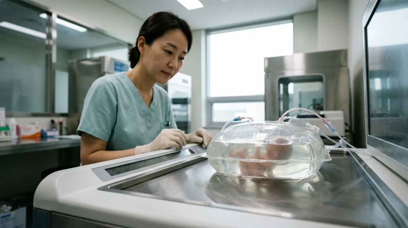 2035년 세종 첨단메디컬특구 한국체외발생재단 무균 배양실에 설치된 투명 폴리우레탄 생체 모사 인공 자궁(Biobag) 챔버와 상태를 확인하는 의료진