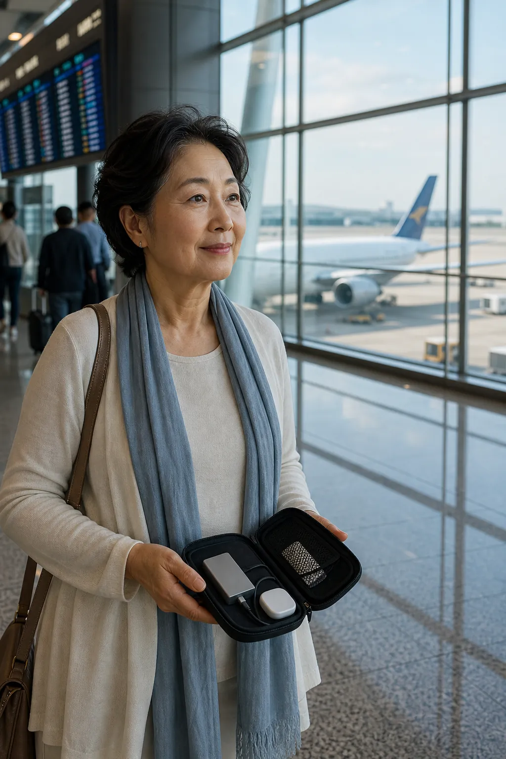 2029년 인천국제공항 터미널의 자연광 아래에서 64세 한국인 여성이 검은 의료용 파우치와 손바닥 크기의 고분자 고체전지 전원 모듈을 들고 서 있으며 뒤로 유리창 너머 항공기와 출발 안내 화면이 보이는 현실적인 다큐멘터리 장면