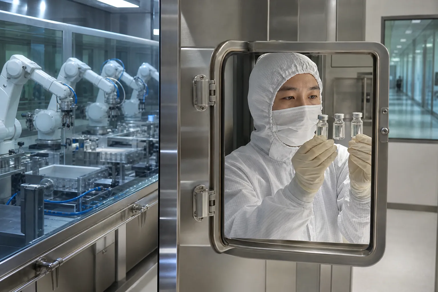 2029년 서울대학교병원 정밀의료 제조센터의 청정실에서 흰색 방진복을 입은 연구원이 환자 맞춤형 mRNA 백신 바이알을 확인하는 장면과 배경의 로봇 제조 장비, 유리벽 너머의 병원 복도를 담은 사실적인 표지 사진