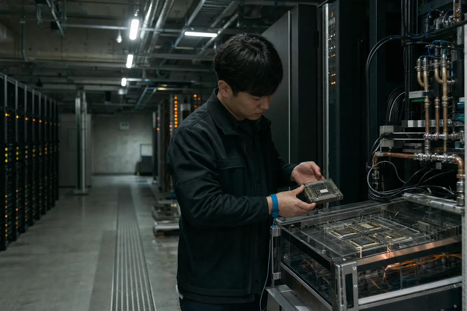2029년 경기도 성남시 판교의 지하 광자 AI 데이터센터에서 시스템 아키텍트가 유리창 너머의 실리콘 포토닉스 가속기 랙을 점검하는 모습. 주황색 상태 표시등과 냉각수 배관, 구리 케이블이 늘어선 서버실 사이로 엔지니어의 뒷모습과 손바닥 크기의 광자 가속기 카트리지가 보인다.