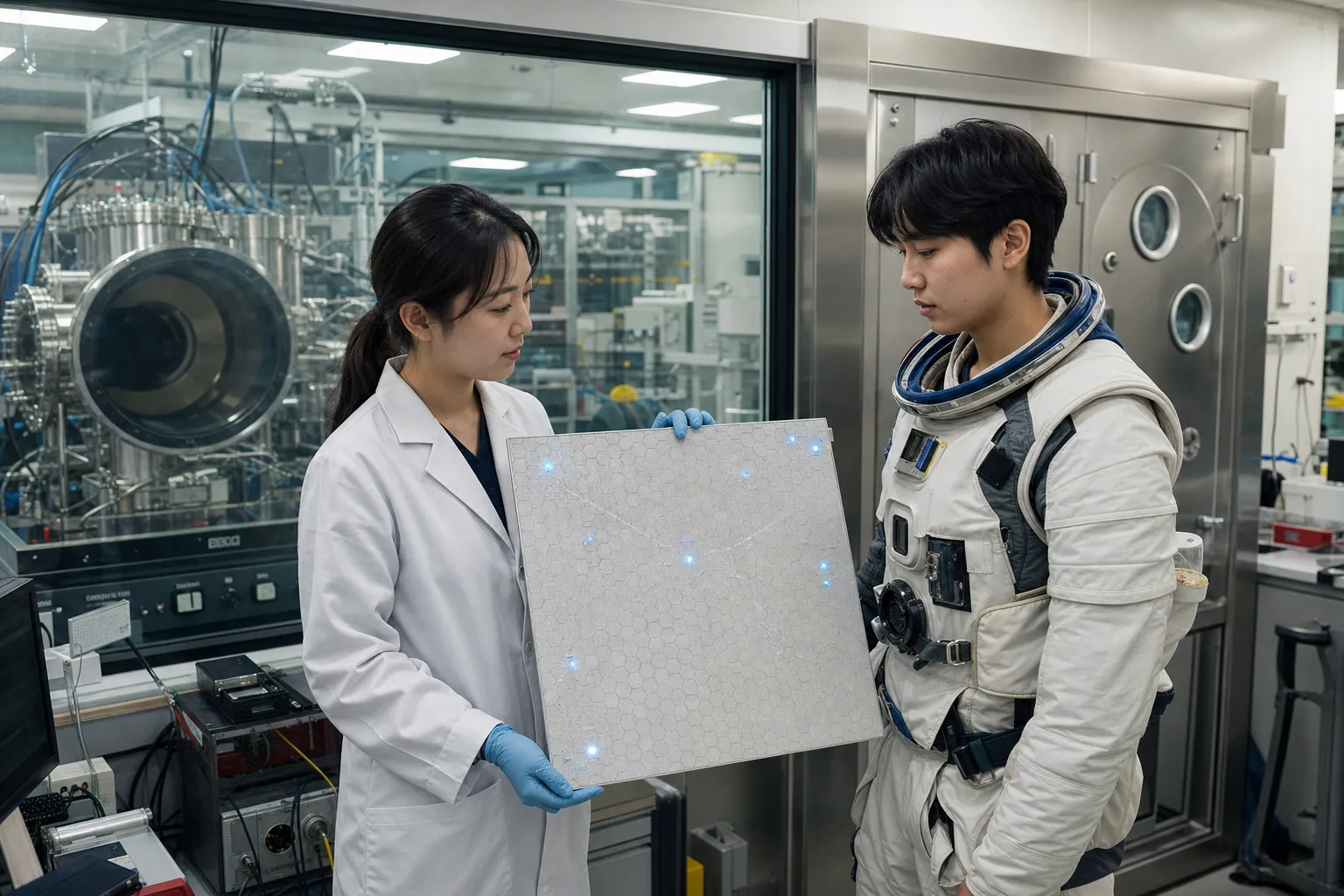 2029년 대전 KAIST 우주방사선·극한환경 소재 실증동의 청정 시험실에서 회백색 벌집 격자 차폐 패널을 든 여성 연구원과 우주복 훈련생이 투명 격리창 앞에 서 있는 모습. 패널의 푸른 결함 센서와 수분 모니터, 실제 실험 장비와 금속 에어샤워 문이 함께 보인다.