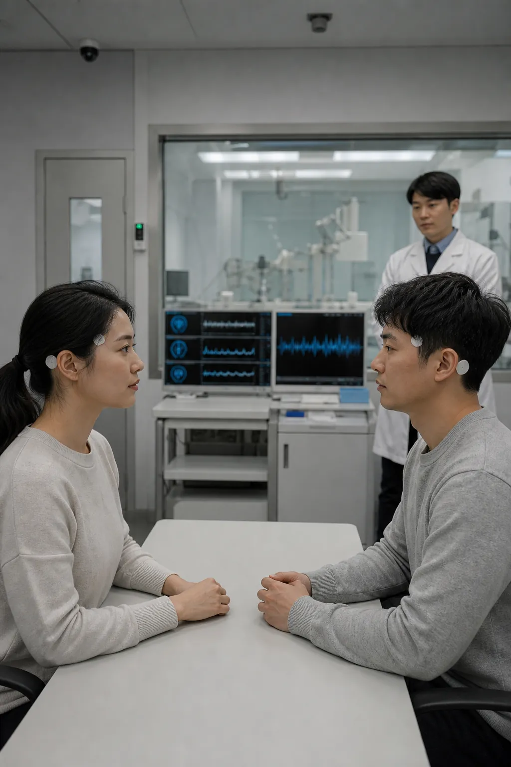 2040년 서울 마곡의 지하 신경인터페이스 임상검증센터에서 서윤과 민재가 서로 마주 앉아 무선 뇌-기계-뇌 통신 실험을 진행하는 장면. 두 사람의 머리에는 선이 연결되어 있지 않고 귀 뒤와 관자놀이 주변 피부 위에 작은 릴레이 패치가 부착되어 있으며 뒤쪽의 연구원과 청색 통신 상태 표시가 켜진 의료 모니터가 보인다.